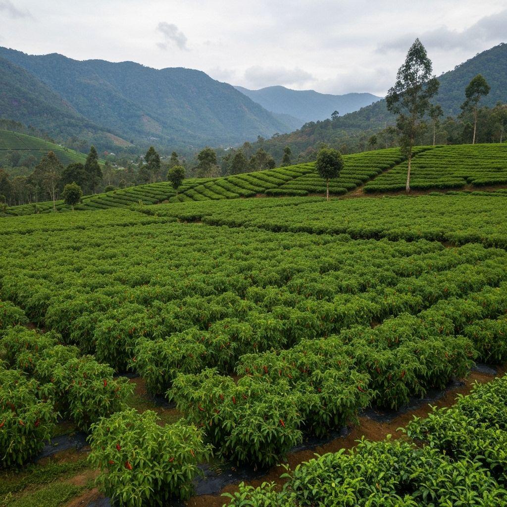 Ceylon chilli plantation in Sri Lanka with lush green fields